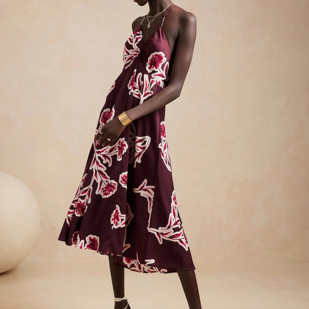 Banana Republic Burgundy Floral Midi Dress with White and Pink Accents